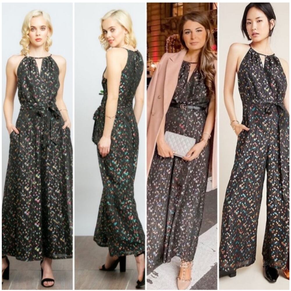 Anthropologie Black Floral Halter Jumpsuit
